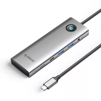 ORICO PW11 Dock USB-C 9-em-1 cinzento - 2x USB-A 3.0, 1x USB-C 3.0, 1x USB-C PD 100W, 1x HDMI 4K 60Hz, 1x microSD/SD, 1x RJ45 2.5G Ethernet, 1x Áudio 3,5 mm