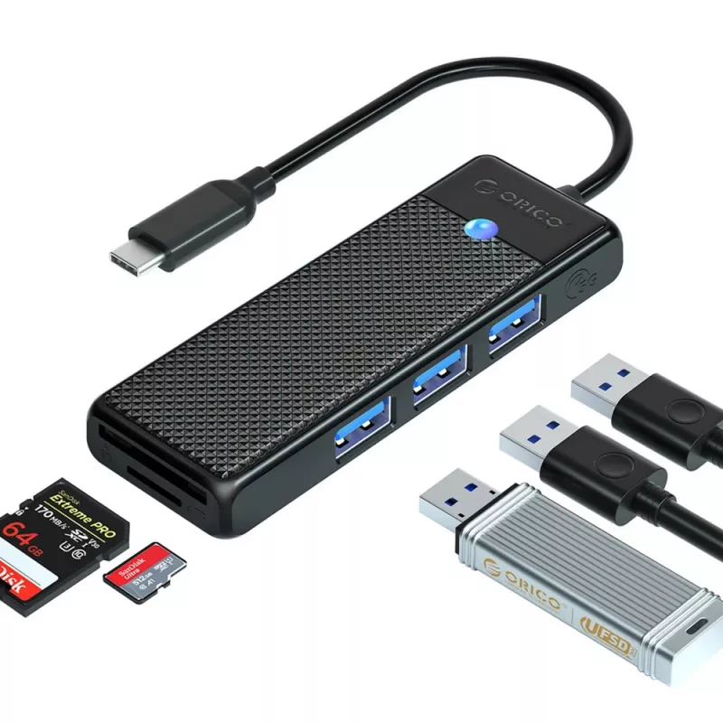 ORICO PAPW3AT-U3 Hub USB 3.0 de 4 portas com leitor de cartões SD/MicroSD, cabo de 1,8 m, preto