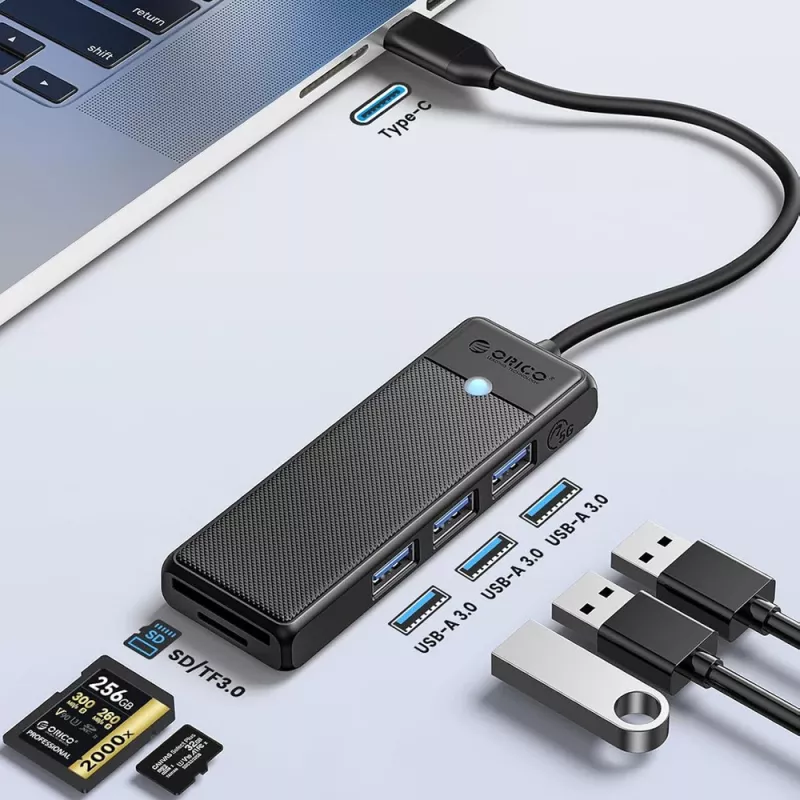 ORICO PAPW3AT-U3 Hub USB 3.0 de 4 portas com leitor de cartões SD/MicroSD, cabo de 1,8 m, preto