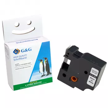 Fita para etiquetas G&G 12mm x 7m branco sobre preto compatível com DYMO 45013
