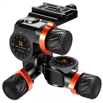 Cabeça de tripé de engrenagens 3 eixos K&F Concept KF31.047, alumínio CNC, carga 6kg, Arca-Swiss, 1/4 polegada-20 & 3/8 polegada-16