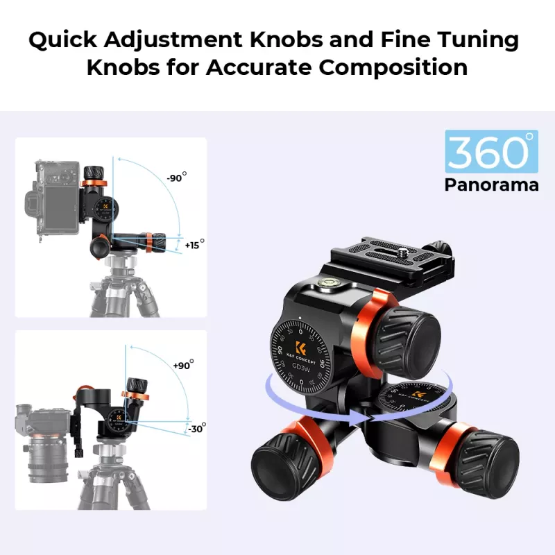 Cabeça de tripé de engrenagens 3 eixos K&F Concept KF31.047, alumínio CNC, carga 6kg, Arca-Swiss, 1/4 polegada-20 & 3/8 polegada-16