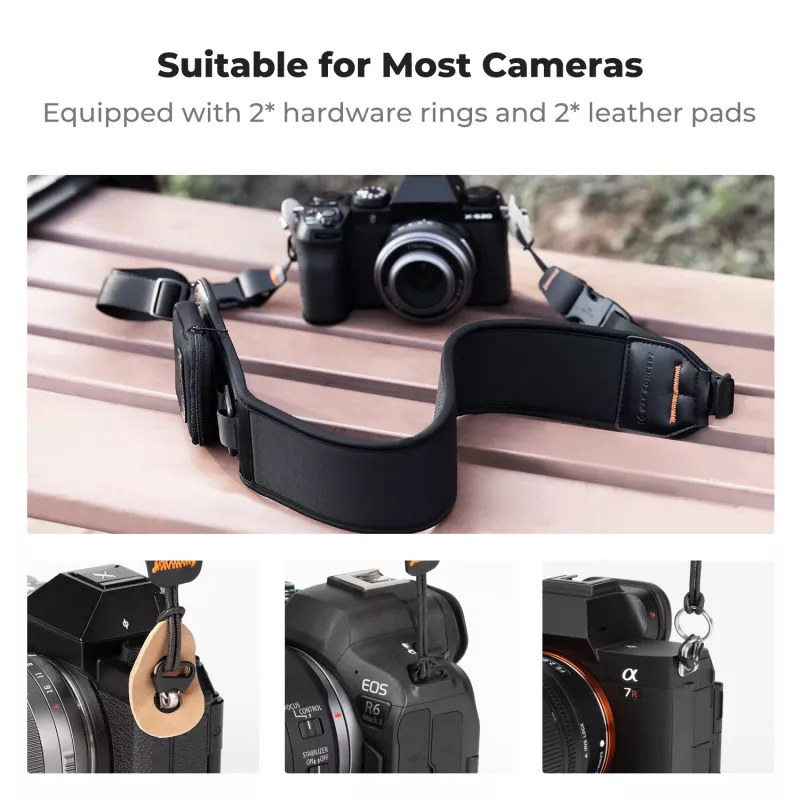 Correia de Pescoço e Ombro em Neoprene KF para Câmaras DSLR e Sem Espelho (Canon, Nikon, Sony) - Preto
