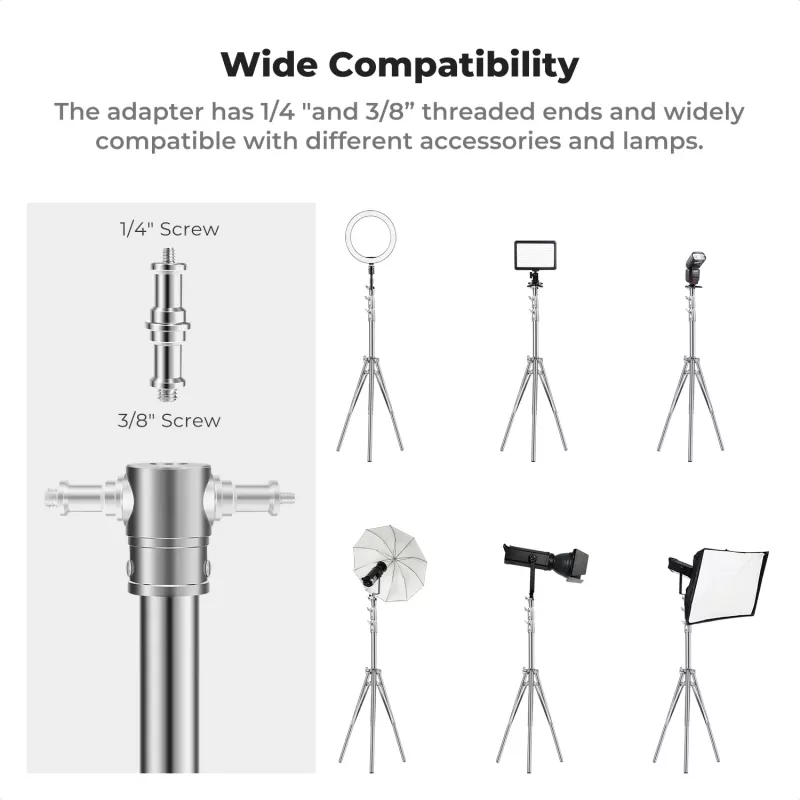 Tripé de Iluminação em Alumínio K&F Concept KF34.044 280cm com Espigão Reversível 1/4 polegadas-20 e 3/8 polegadas-16, Capacidade de Carga 5kg, 3 Secções, Fechos de Alavanca, Amortecimento por Mola, Preto