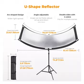 Refletor Curvo em U 4 em 1 K&F Concept 180x60cm com Tripé de Iluminação e Bolsa de Transporte