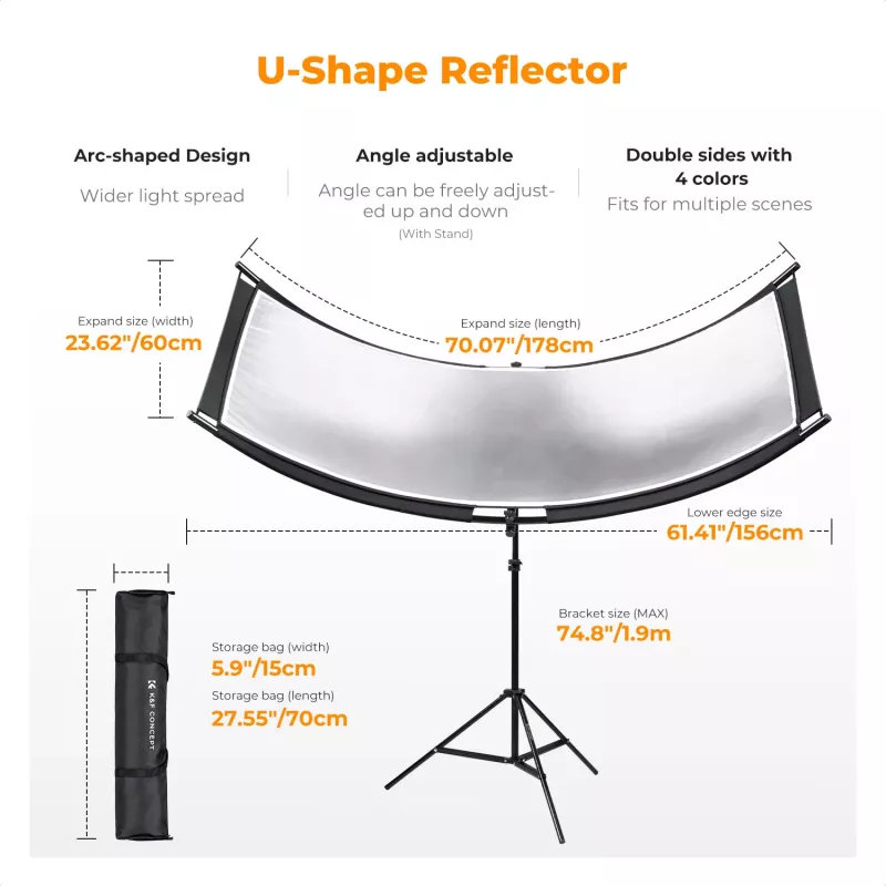 Refletor Curvo em U 4 em 1 K&F Concept 180x60cm com Tripé de Iluminação e Bolsa de Transporte