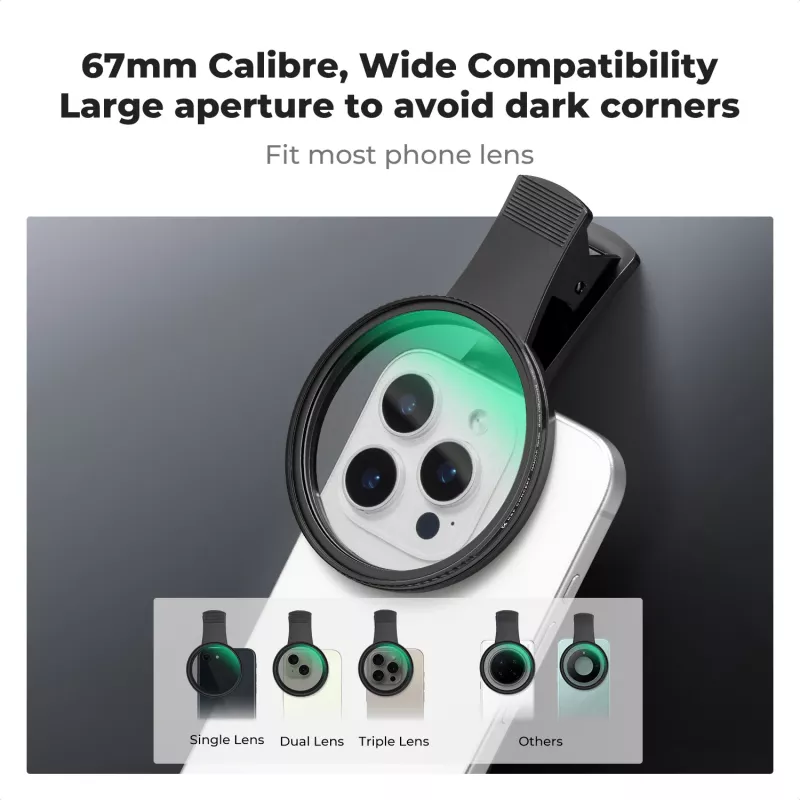 Filtro KF Black Diffusion 1/4 67mm com adaptador Clip-On para smartphone