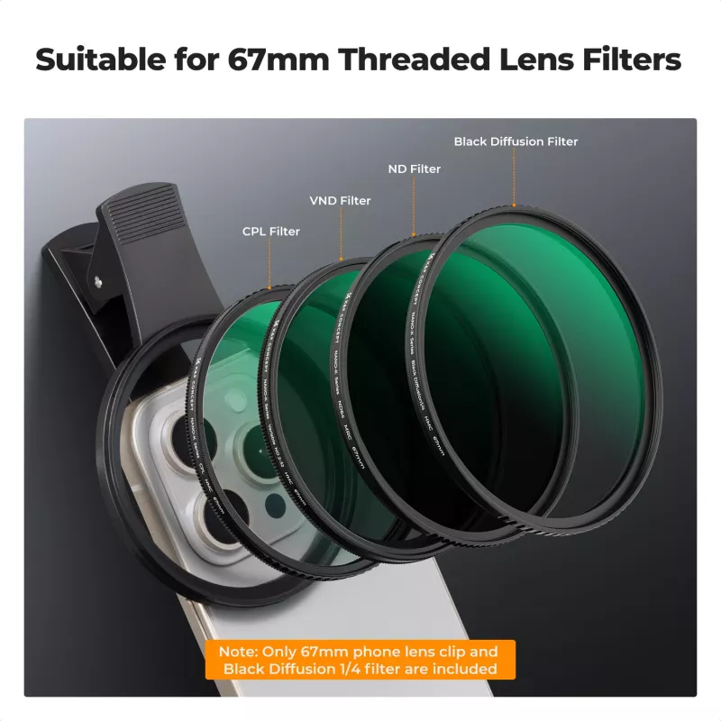 Filtro KF Black Diffusion 1/4 67mm com adaptador Clip-On para smartphone