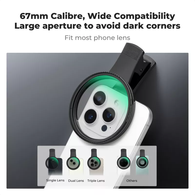 Kit de filtros KF 2-in-1 Black Diffusion 1/4 + CPL para telefone 67mm Clip-On