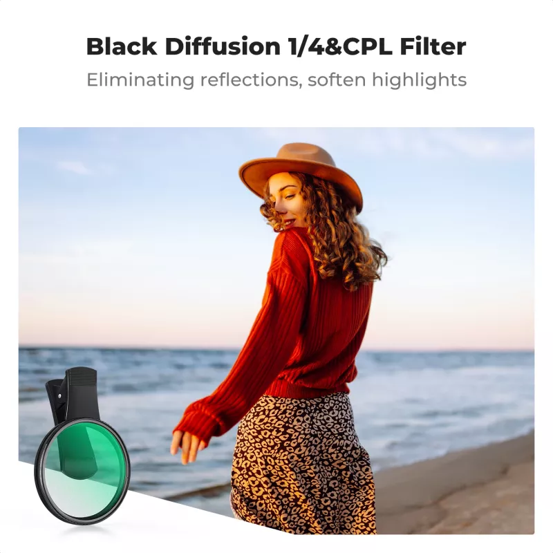 Kit de filtros KF 2-in-1 Black Diffusion 1/4 + CPL para telefone 67mm Clip-On