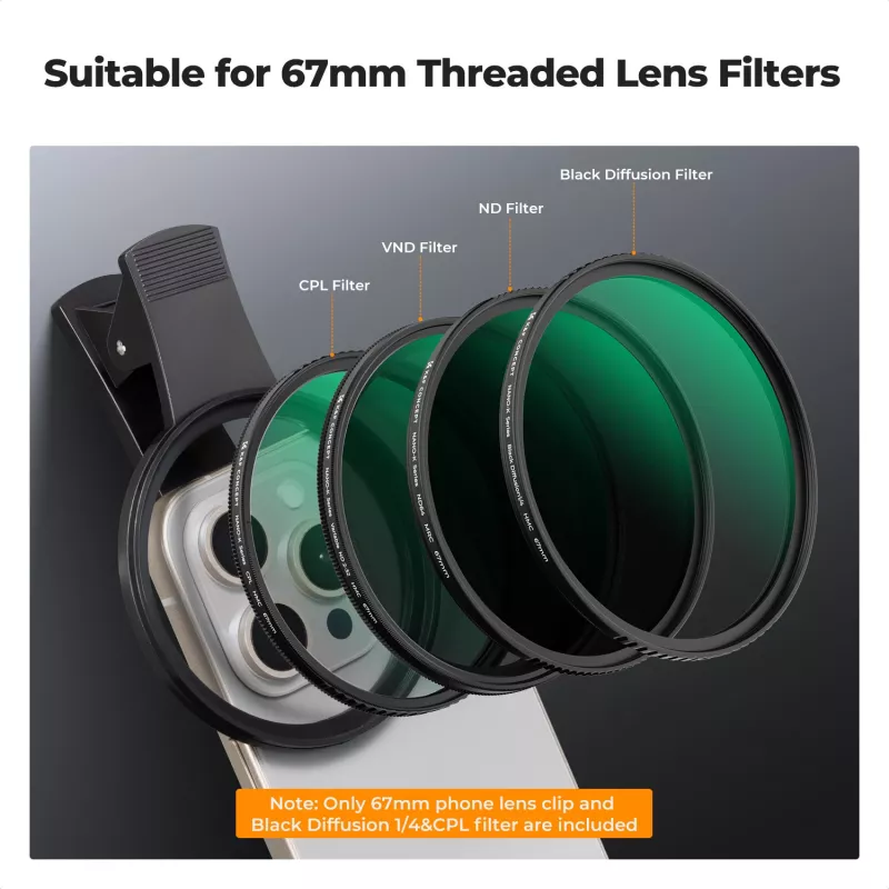 Kit de filtros KF 2-in-1 Black Diffusion 1/4 + CPL para telefone 67mm Clip-On