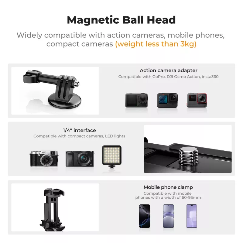 Suporte de Tripé Magnético com Cabeça Esférica 3D KF para GoPro Smartphone Câmara com Rosca de 1/4 de Polegada KF31.156 Preto