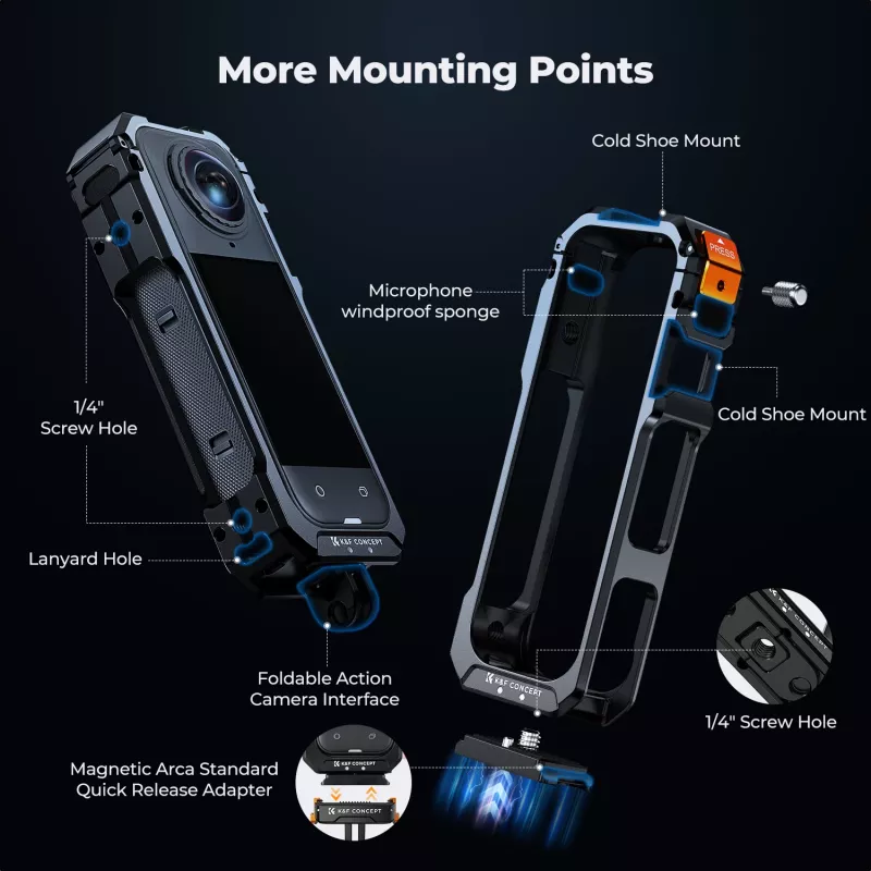 KF Protective Frame Mount Cage com 2x rosca de 1/4 de polegada 20 e suporte GoPro para Insta360 X5 / Kf31.182