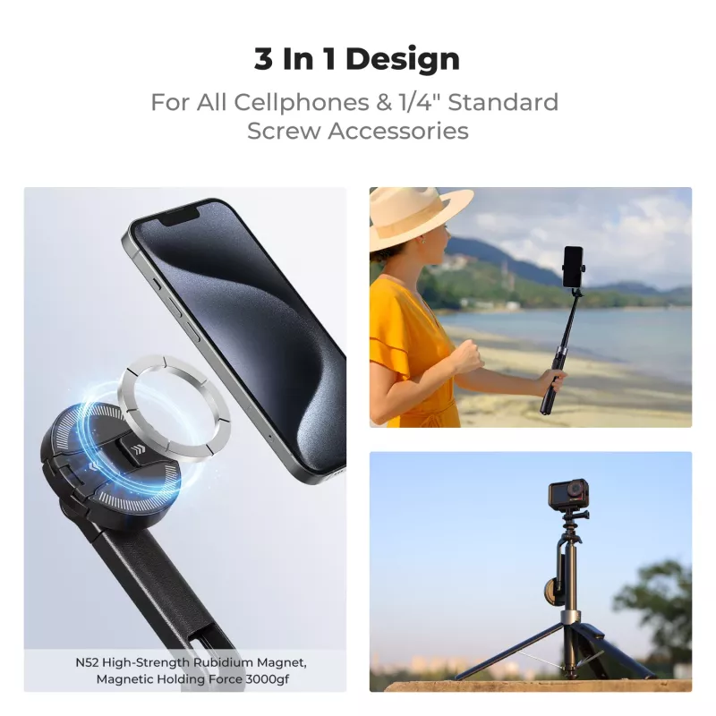 Pau de selfie com tripé K&F Concept X97-C 180 cm com suporte magnético MagSafe e disparador remoto Bluetooth (preto)