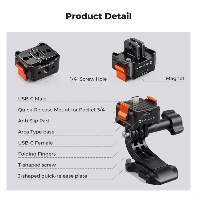 Adaptador de engate rápido KF com função de carregamento USB-C para DJI Osmo Pocket 3/4, suporte GoPro, rosca de 1/4 de polegada, preto