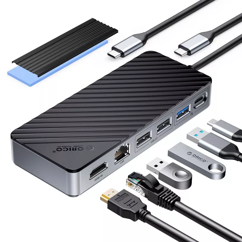 Docking station ORICO OM28PR-G2 USB-C com caixa M.2-SSD, 1x USB-A 3.2, 1x USB-C 3.2, 2x USB-A 2.0, 1x HDMI, 1x Ethernet - preto