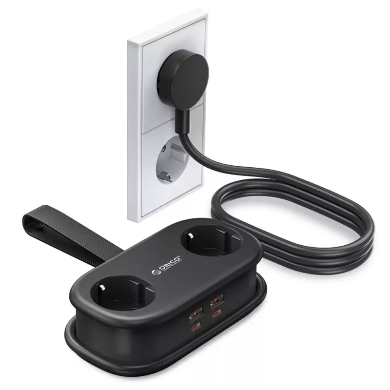 ORICO AP3 Régua de tomadas GaN 65W 6-em-1 com 2 tomadas AC, 2 portas USB-A e 2 portas USB-C, cabo de 1,5 m, preto