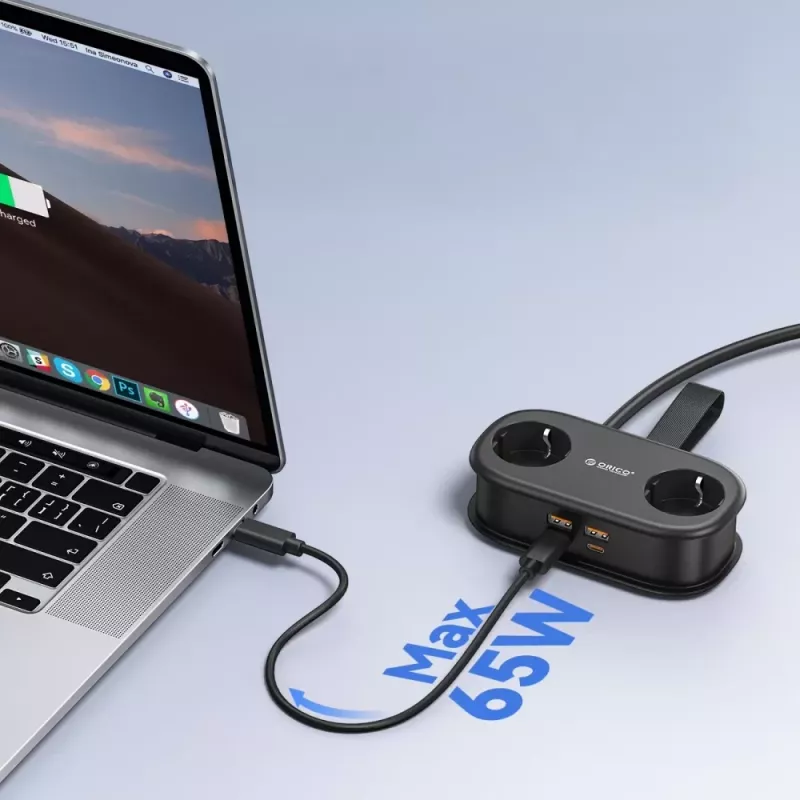 ORICO AP3 Régua de tomadas GaN 65W 6-em-1 com 2 tomadas AC, 2 portas USB-A e 2 portas USB-C, cabo de 1,5 m, preto