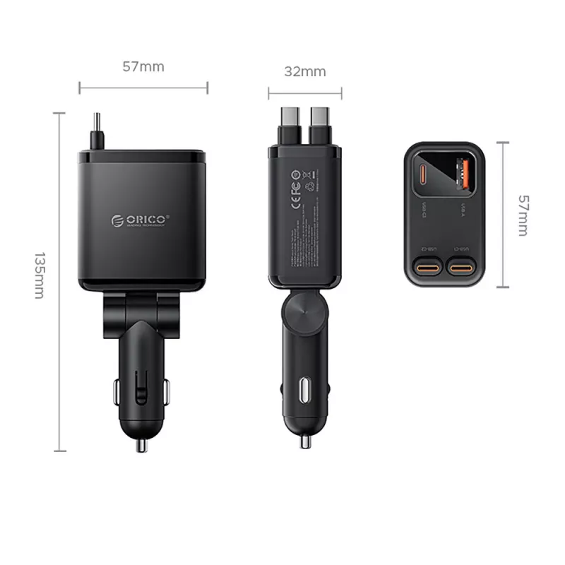 ORICO Twin Reach 45W Carregador de automóvel USB-A + USB-C com dois cabos USB-C retráteis - Preto