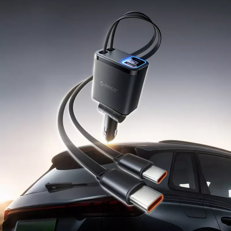 ORICO Twin Reach 45W Carregador de automóvel USB-A + USB-C com dois cabos USB-C retráteis - Preto