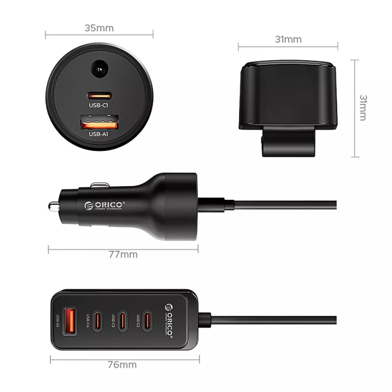 ORICO ChargeClip 108W Carregador de automóvel com clipe, 2x USB-A + 4x USB-C, Preto