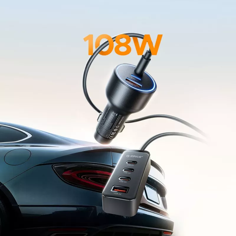 ORICO ChargeClip 108W Carregador de automóvel com clipe, 2x USB-A + 4x USB-C, Preto