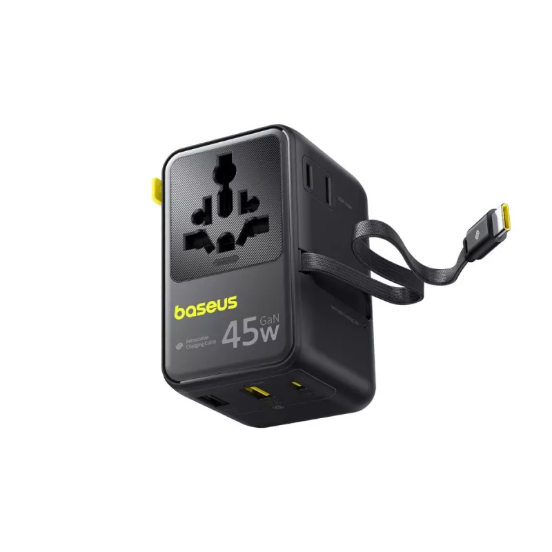 Baseus PicoGo AG11 45W Adaptador de viagem universal 6-em-1 com cabo USB-C retrátil - Preto