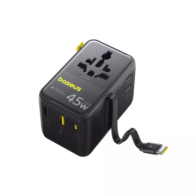 Baseus PicoGo AG11 45W Adaptador de viagem universal 6-em-1 com cabo USB-C retrátil - Preto