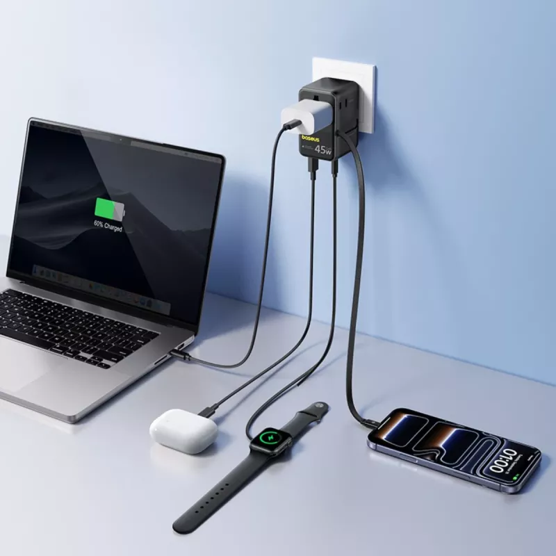 Baseus PicoGo AG11 45W Adaptador de viagem universal 6-em-1 com cabo USB-C retrátil - Preto