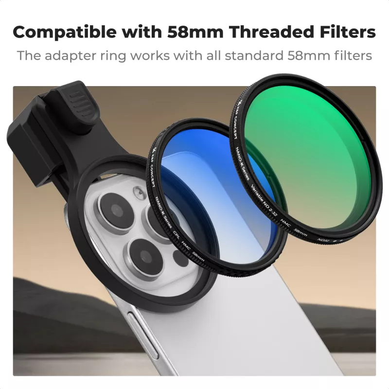 K&F Concept Suporte de clipe para smartphone para filtros de 58mm e objetivas - Preto