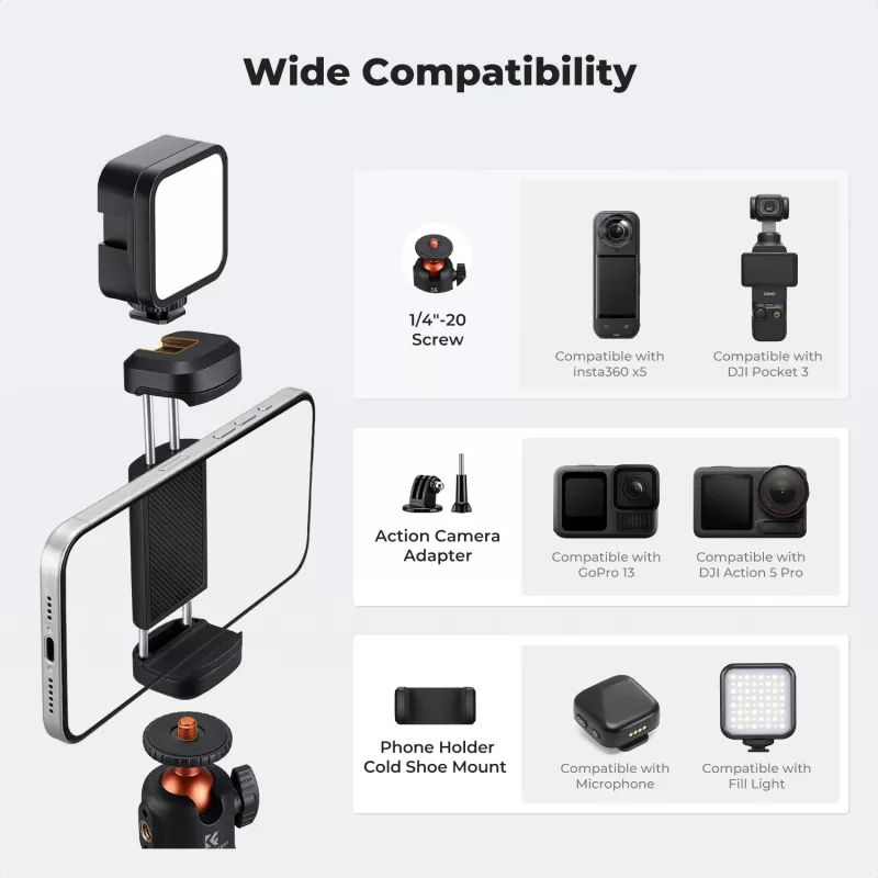 Mini Tripé e Pau de Selfie KF 65 cm Cabeça 360° Suporte para Telefone KF09.180S1 Preto