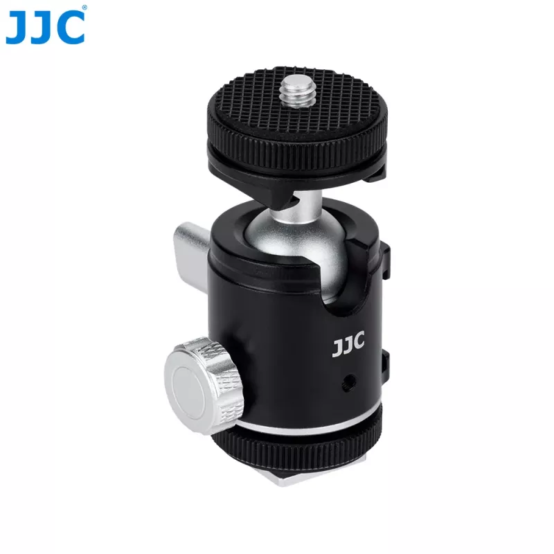 Cabeça de esfera mini 3D JJC BH-SM1 em liga de alumínio com 3 sapatas de flash, parafuso de 1/4 polegadas, preto