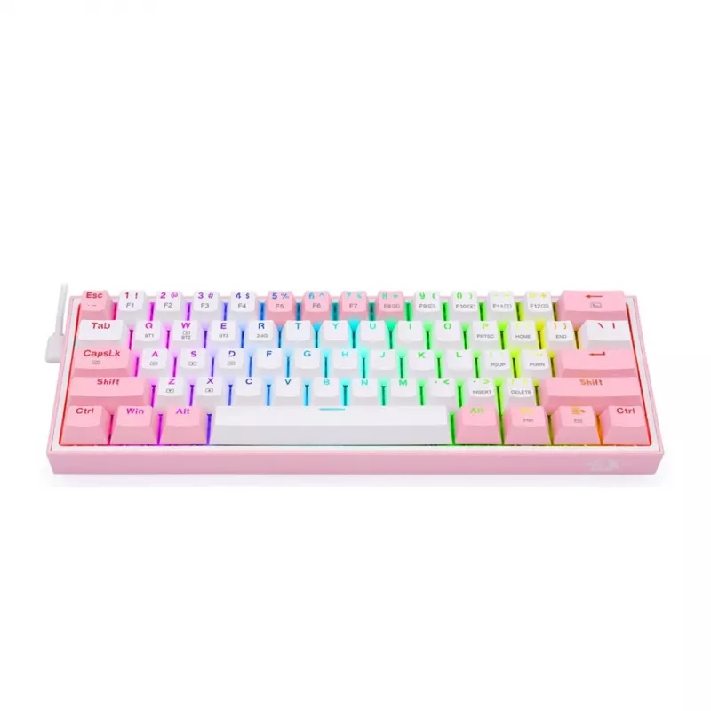 Teclado gaming mecânico Redragon Fizz Pro K616 60% tri-mode, branco/rosa, RGB, hot-swappable, 1600mAh