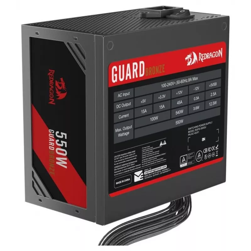 Fonte de alimentação Redragon Guard GC-GU01 550W, 80 PLUS Standard, Active PFC, não modular, ventoinha 120mm, preto