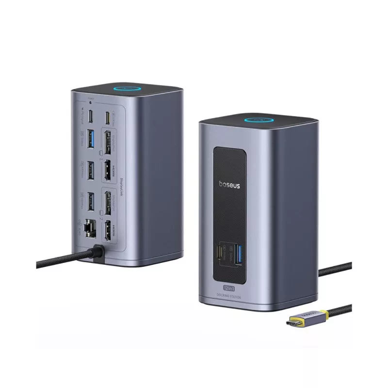 Baseus Nomos NU1 Air Spacemate docking station USB-C 12 em 1, 2x HDMI 4K@60Hz, 2x DP 4K@60Hz, 2x USB-C, 2x USB-A 5Gbps, 2x USB-A 2.0, RJ45 Gigabit Ethernet, cinzento