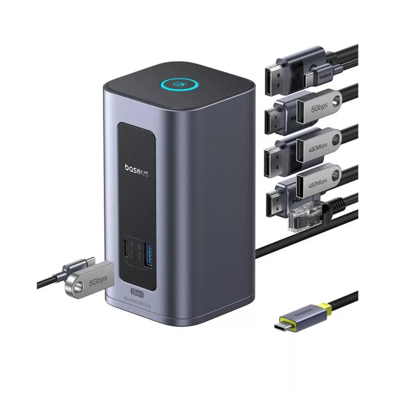 Baseus Nomos NU1 Air Spacemate docking station USB-C 12 em 1, 2x HDMI 4K@60Hz, 2x DP 4K@60Hz, 2x USB-C, 2x USB-A 5Gbps, 2x USB-A 2.0, RJ45 Gigabit Ethernet, cinzento