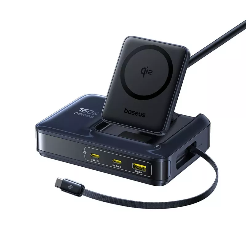 Baseus Nomos NH21 Qi2 160W estação de carregamento sem fios 5 em 1 com cabo retrátil - preto