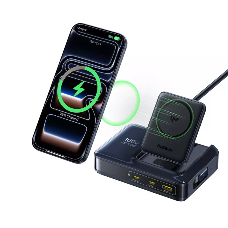 Baseus Nomos NH21 Qi2 160W estação de carregamento sem fios 5 em 1 com cabo retrátil - preto