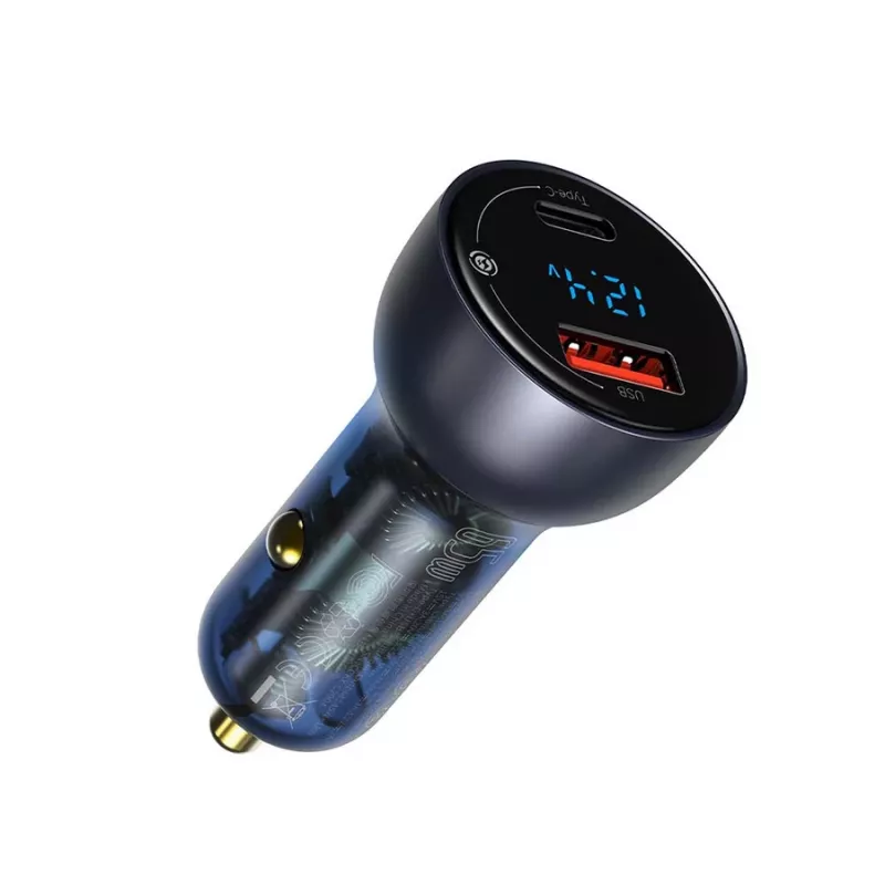 Carregador de carro Baseus Particular com visor digital, USB-C + USB-A, QC3.0+PD, 65W, cinzento