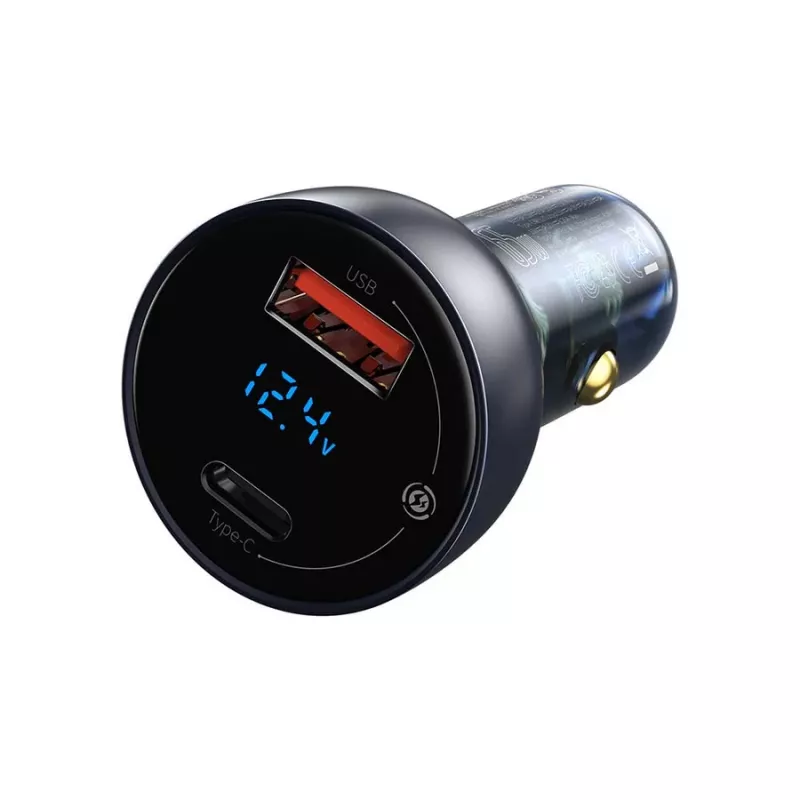 Carregador de carro Baseus Particular com visor digital, USB-C + USB-A, QC3.0+PD, 65W, cinzento
