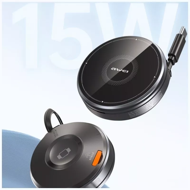 Estação de carregamento sem fios 3-em-1 AWEI W27 15W carregamento rápido com cabo USB-C preta