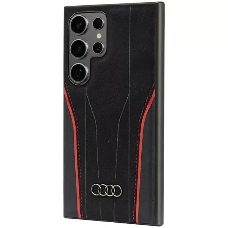 Capa MagSafe Audi em pele genuína para Samsung Galaxy S24 Ultra, preta-vermelha, capa rígida inspirada no R8