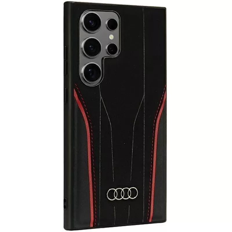 Capa MagSafe Audi em pele genuína para Samsung Galaxy S24 Ultra, preta-vermelha, capa rígida inspirada no R8