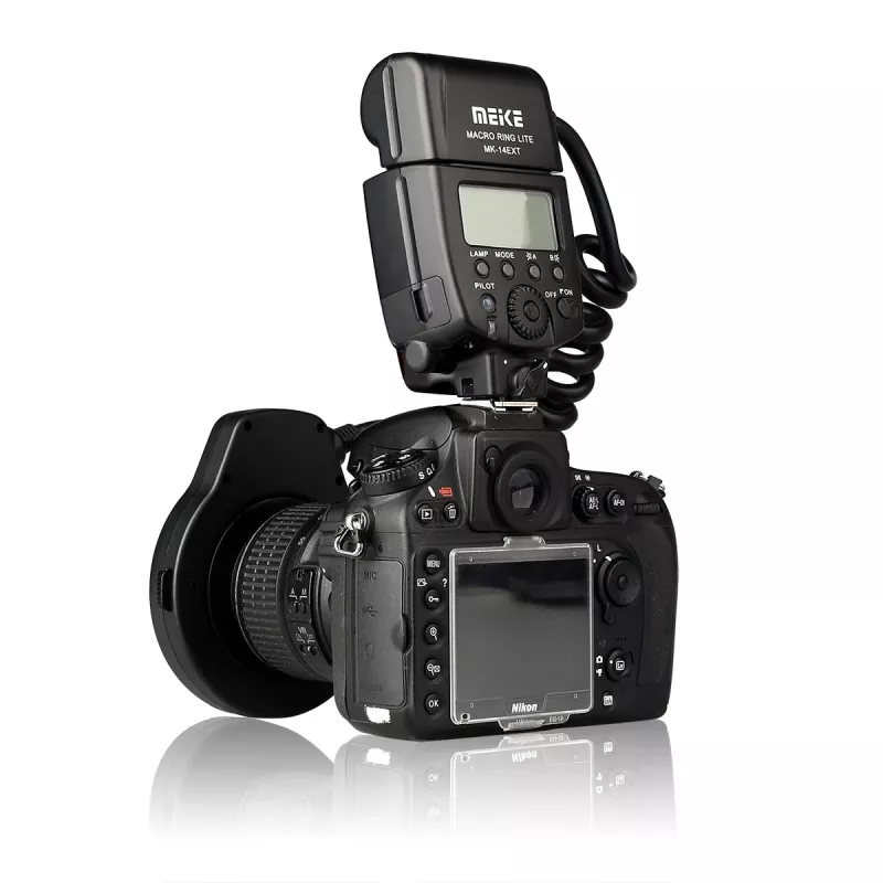 Flash anelar macro Meike MK-14EXT-N para câmaras Nikon DSLR