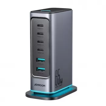Carregador multiporta GaN Joyroom JR-TCM02 65W 4x USB-C 2x USB-A ficha EU Cinzento-escuro