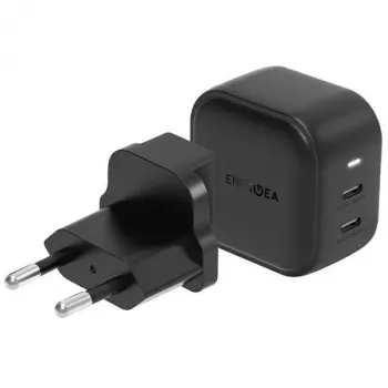 Carregador de viagem ENERGEA Travelite GAN45 45W GaN USB-C de porta dupla com adaptadores US+EU, preto