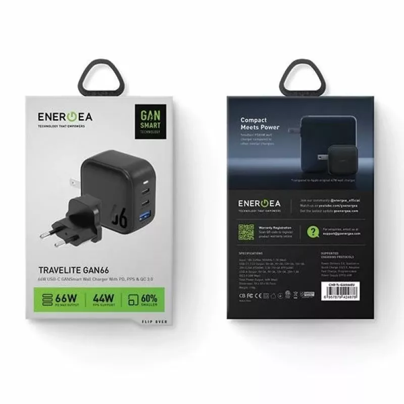 Carregador ENERGEA Travelite GAN66 66W GaN USB-C 2C1A preto US+EU