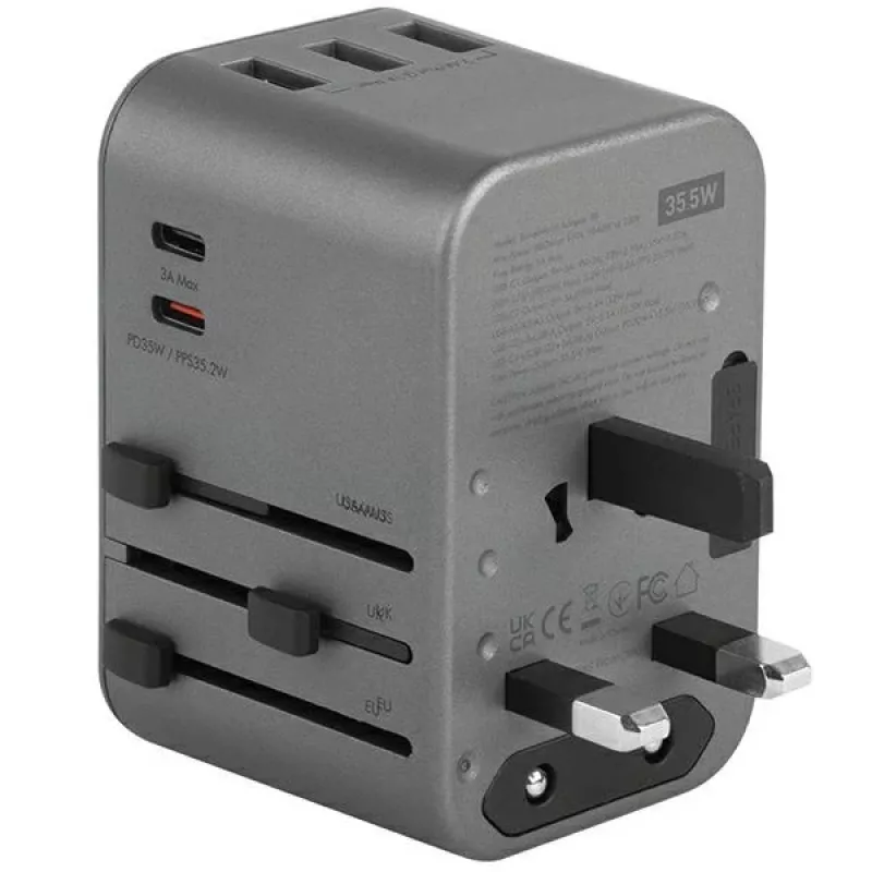 Carregador USB ENERGEA Travelworld 35.5W 3A2C com fichas US/EU/UK/AU, Gunmetal