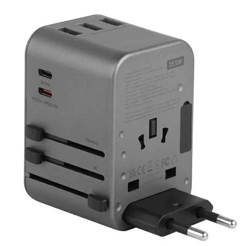 Carregador USB ENERGEA Travelworld 35.5W 3A2C com fichas US/EU/UK/AU, Gunmetal