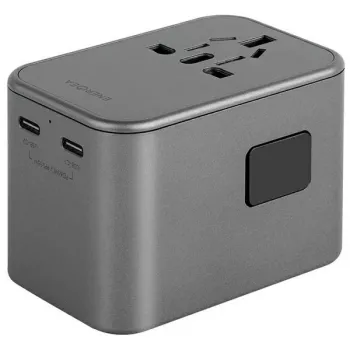 Adaptador ENERGEA Travelworld GaN65W 65W 1xUSB-A 2xUSB-C PD PPS QC 3.0 fichas intercambiáveis US/EU/UK cinzento Gunmetal